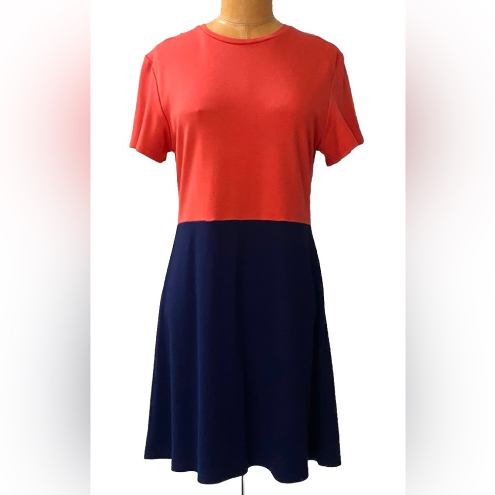 Oh Concept Dress Womens Small Red-Orange Blue Colorblock Short Sleeve Shift
